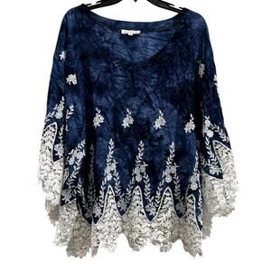 ADORE Blue marbled dramatic lace hem bell sleeves whimsy boho size XL